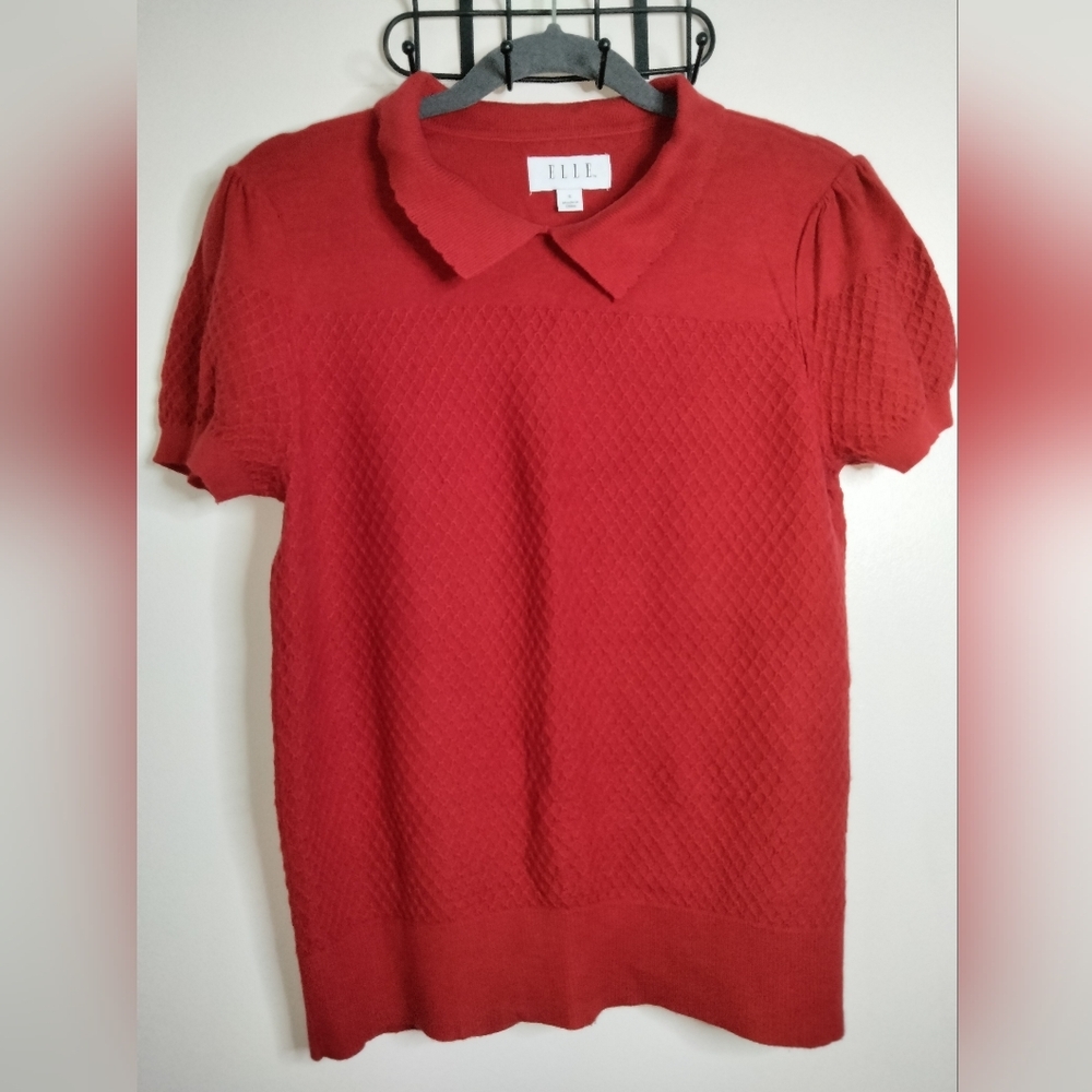 Elle (Size S) Red Ribbed Texture Puff Short Sleeve Knit Peter Pan Collar Sweater